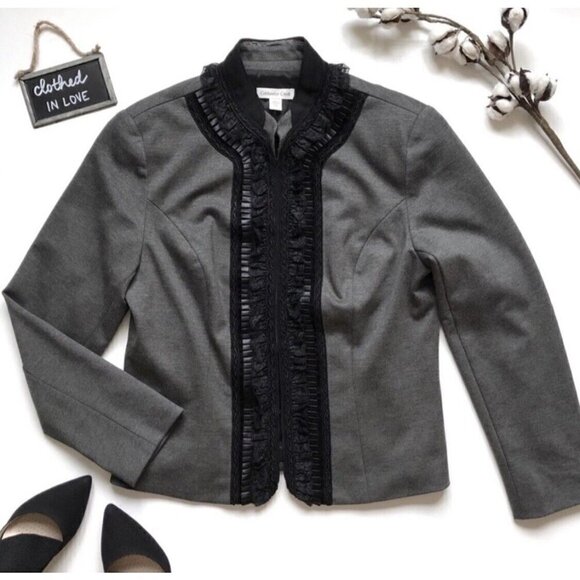 Coldwater Creek Womens Sz 8 Ponte Knit Ruffled Lace Blazer Jacket Stretch m Gray - Picture 4 of 12